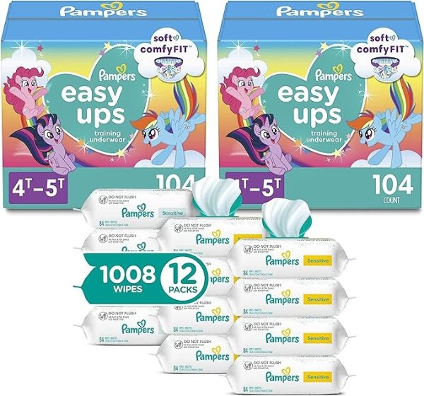Easy Ups Pull On Training Underwear Girls, 4T-5T, 2 Month Supply (2 x 104 Count) with Sensitive Water Based Baby Wipes 12X Multi Pack Pop-Top and Refill (1008 Count)