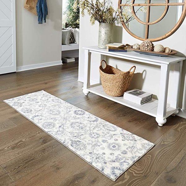 Maples Rugs Runner Rug - Blooming Damask 2 x 6 Distressed Style Non Skid Hallway Entry Rugs Runners [Made in USA] for Kitchen and Entryway, Gray/Blue