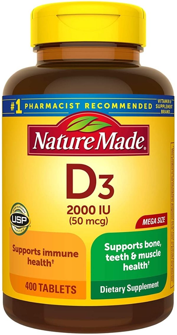 Vitamin D3, 400 Tablets Mega Size, Vitamin D 2000 IU (50 mcg) Helps Support Immune Health, Strong Bones and Teeth, & Muscle Function, 250% of Daily Value for Vitamin D in One Daily Tablet