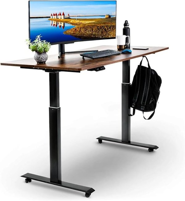 SuperHandy Standing Desk Adjustable Height (63'' x 30'') w/Wireless Charging, USB-C & AC Outlets, 3 Memory Presets - Large Electric Sit-Stand Adjustable Height up to 49'' - Rustic Wood