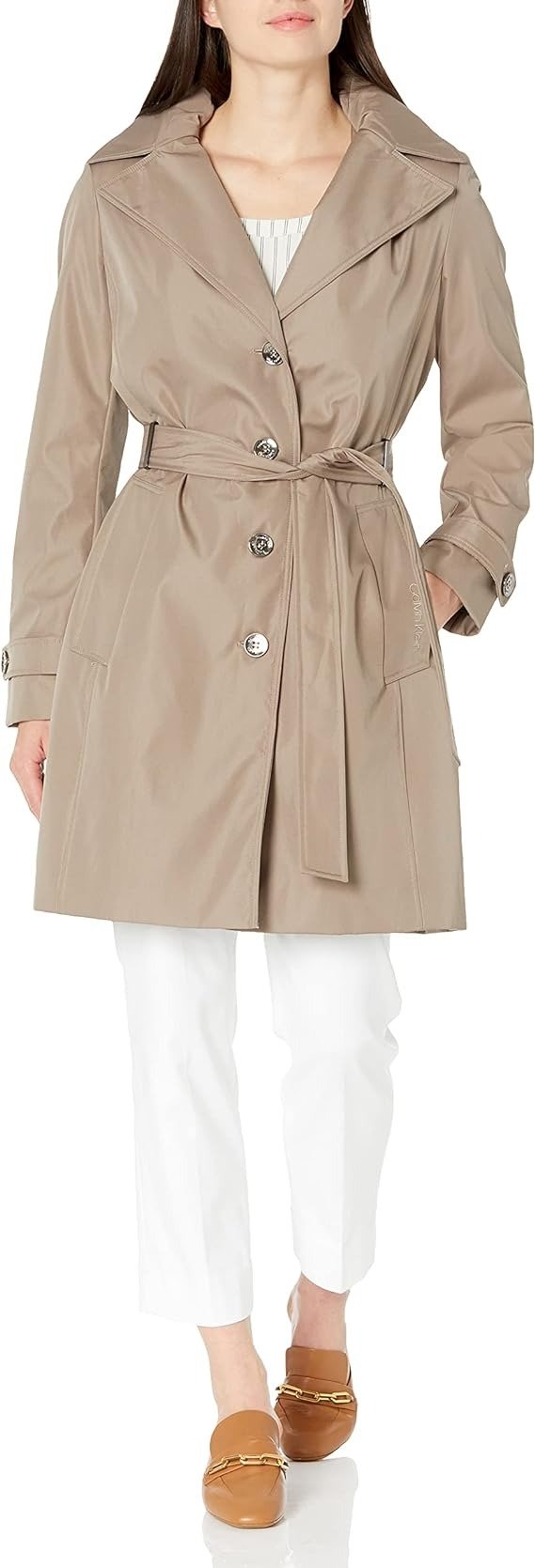 Women's Single Breasted Belted Rain Jacket with Removable Hood