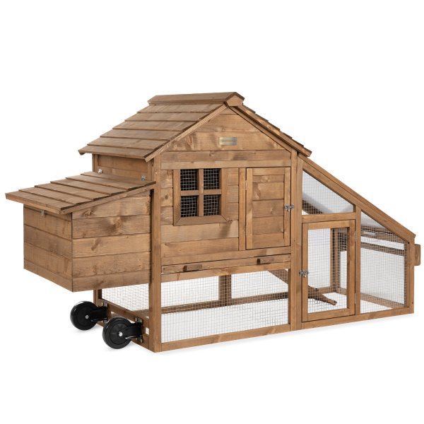 70in Mobile Fir Wood Chicken Coop Hen House w/ Wheels, 2 Doors, Nest Box, Removable Tray, UV Panel