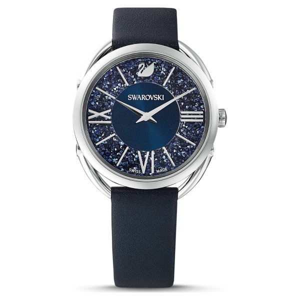 Crystalline Glam watch, Leather strap, Blue, Stainless steel by SWAROVSKI