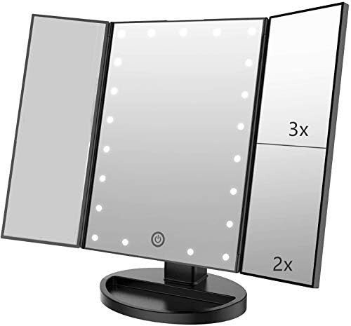 3 Folds Lighted Vanity Makeup Mirror,1X/2X/3X Magnification, 21 LED Light Bright Table Mirror with Touch Screen,180 Adjustable Rotation,Portable Travel Cosmetic Mirror