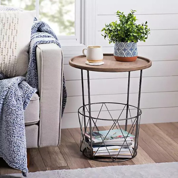 Brown Side Table with Metal Wire Basket