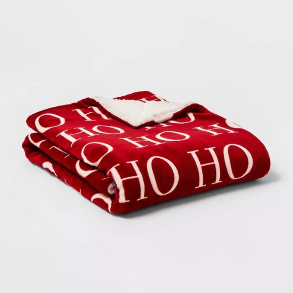 Ho Ho Ho' Printed Plush Reversed to Sherpa Throw Blanket - Threshold&#8482;
