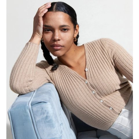 State CashmereThe V-Neck Ribbed Button Down Cardigan