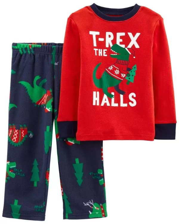 2-Piece Holiday Dinosaur Cotton & Fleece PJs