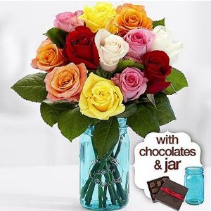 12 Rainbow Mother's Day Roses with Blue Mason Jar & Chocolates