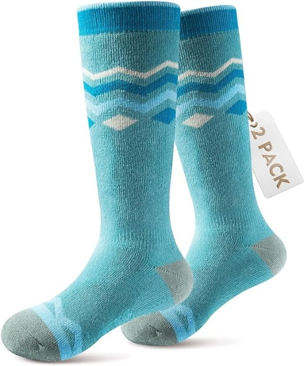 Kids Ski Socks, 2-Pair Pack Snowboarding Socks for Toddler Boys and Girls, Over the Calf Design w/Non-Slip Cuff