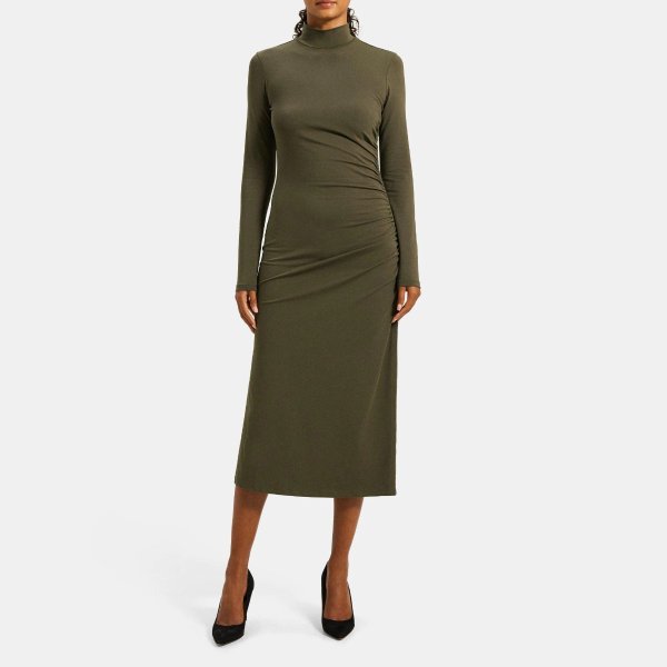Ruched Turtleneck Dress in Pima Cotton Jersey