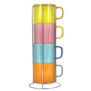 is et Mimi Stacking Coffee Mugs Set with Rack, Multi-Colored, 12oz Cups