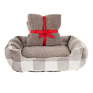 Top Paw Grey Checkered Pet Bed and Blanket Sleep Set