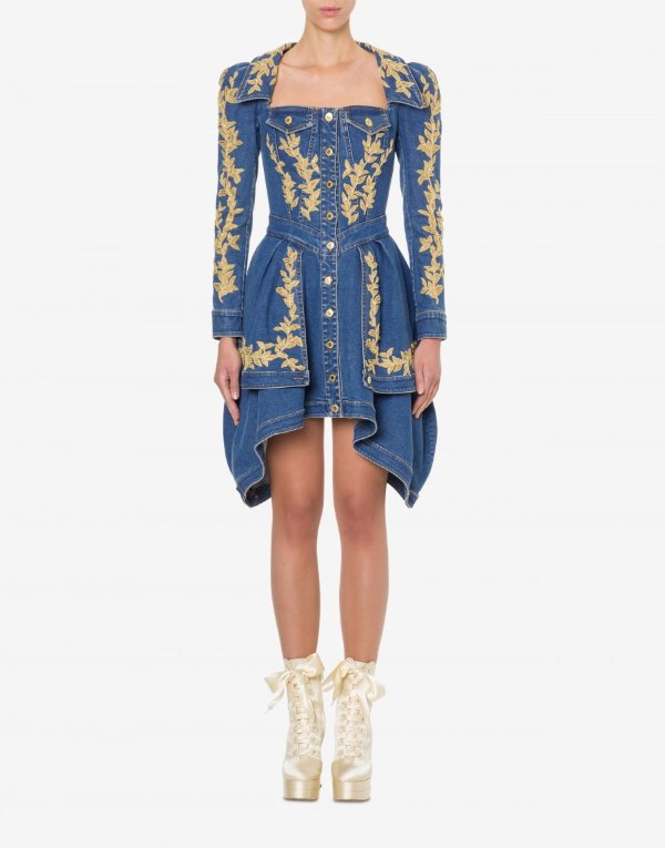 Denim dress with gold embroidery - Dresses - Clothing - Women - Moschino | Moschino Official Online Shop