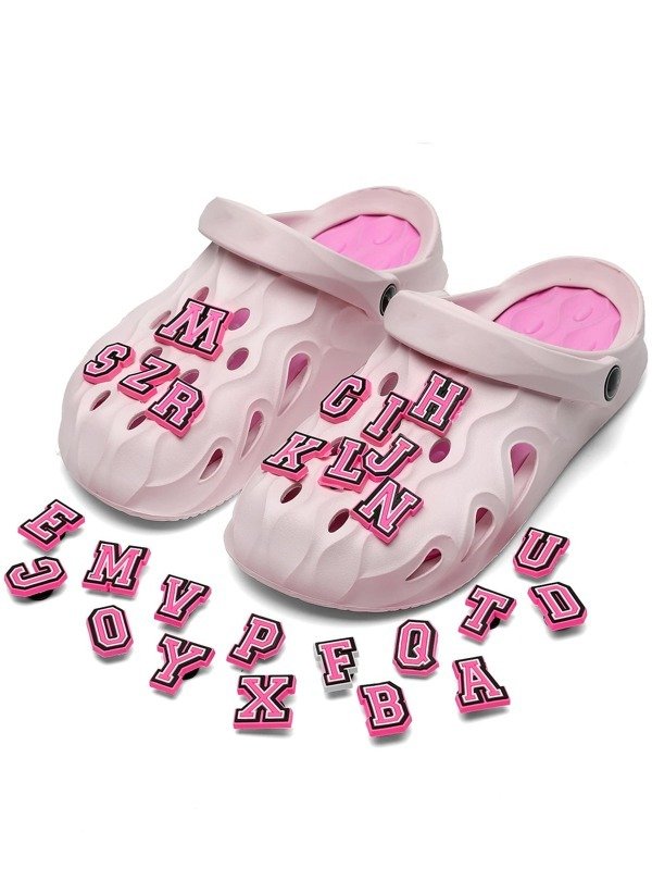 26pcs Letter Graphic Shoes Decoration, Black And Pink Fashionable Shoes Accessories For Clogs