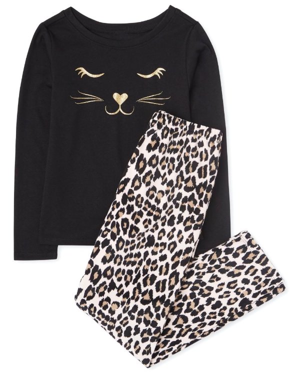 Girls Long Sleeve Leopard Cat Pajamas