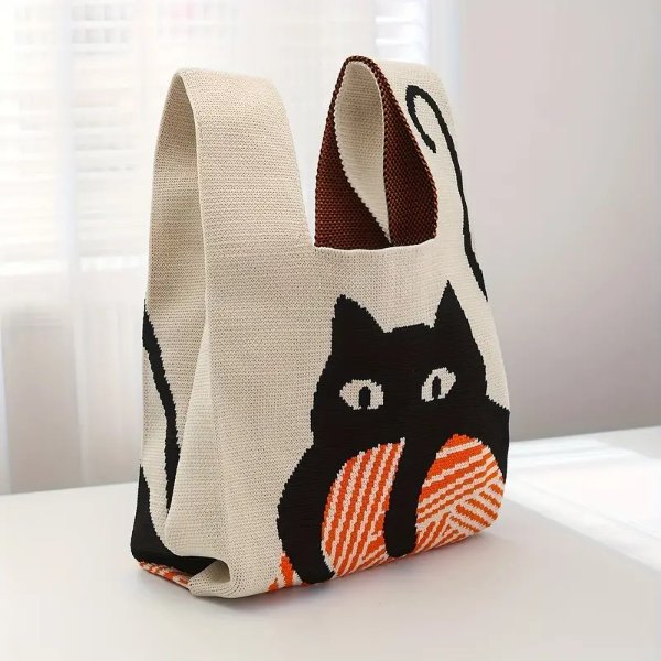 Casual Cat Pattern Knitted Satchel Bag, Lightweight Shopping Handbag, Versatile Small Handbag
