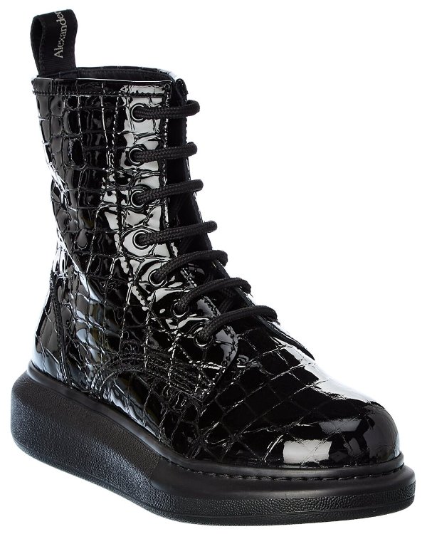 Hybrid Lace-Up Croc-Embossed Leather Boot