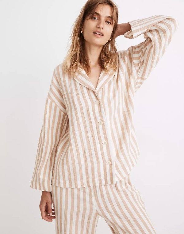 Striped Double-Gauze Oversized Pajama Shirt