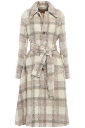 Belted checked brushed-woven coat