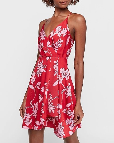 Floral Satin Wrap Front Asymmetrical Fit And Flare Dress