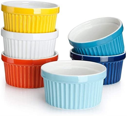 501.002 Porcelain Souffle Dishes, Ramekins - 8 Ounce for Souffle, Creme Brulee and Ice Cream - Set of 6, Hot Assorted Colors