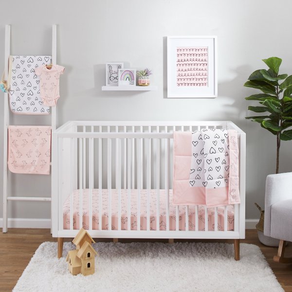 Pure Organic Cotton Crib Bedding Set, 3 Pc, Pink-Modern Blush