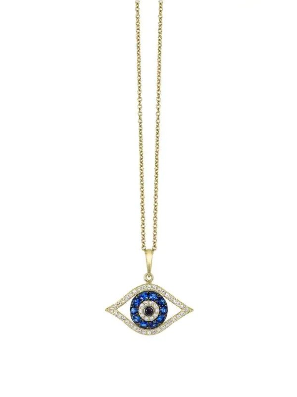 Novelty 14K Yellow Gold, Sapphire, White & Black Diamond Evil Eye Pendant Necklace