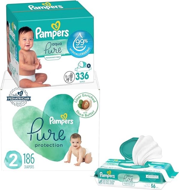 Pure Protection Diapers Size 2 186 Count with Aqua Pure 6X Pop-Top Sensitive Water Baby Wipes - 336 Count