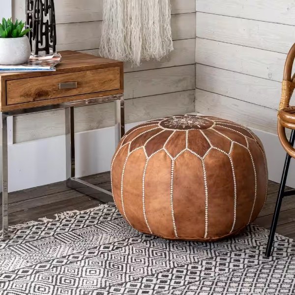 Handmade Moroccan Leather Filled Ottoman Brown Round Pouf