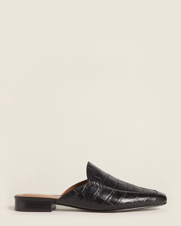 Black Pam Croc-Embossed Leather Mules