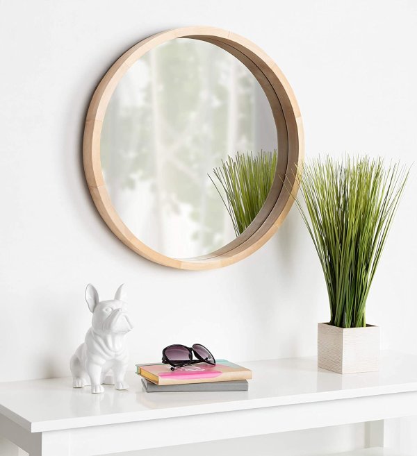 Kate and Laurel Hutton Round Decorative Modern Wood Frame Wall Mirror, 22 Inch Diameter, Natural Finish