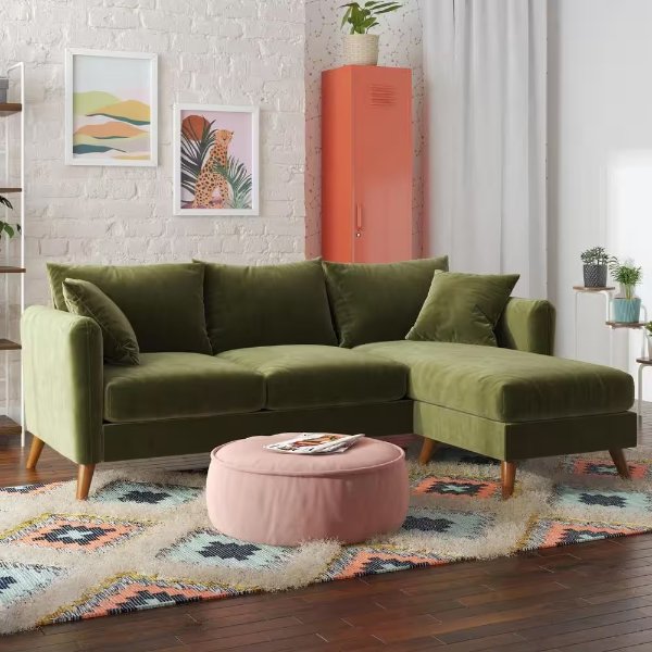 Magnolia 84 in. Rounded Arm 1-Piece Velvet L Shaped Reversible Sectional Sofa in Green w/Pocket Coils and Pillows