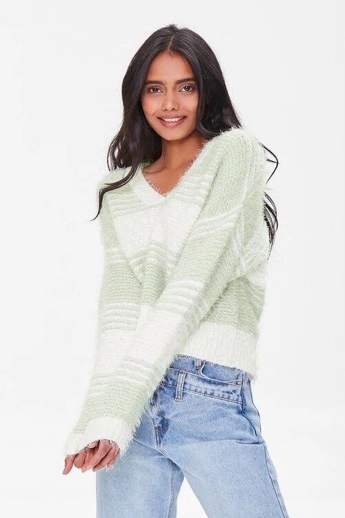 Fuzzy Striped Cropped Sweater