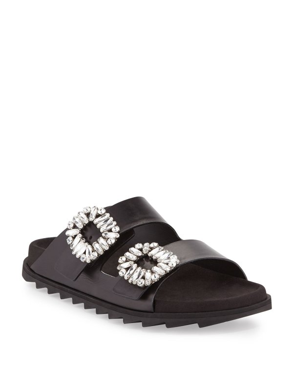 Strass-Buckle Two-Band Slide Sandals, Black