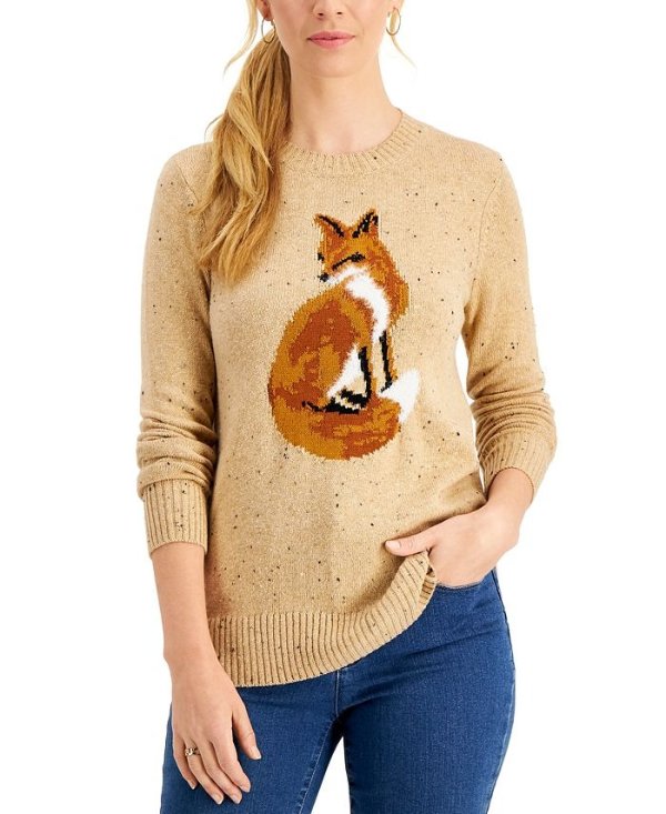 Petite Fox Pullover Sweater, Created for Macy's