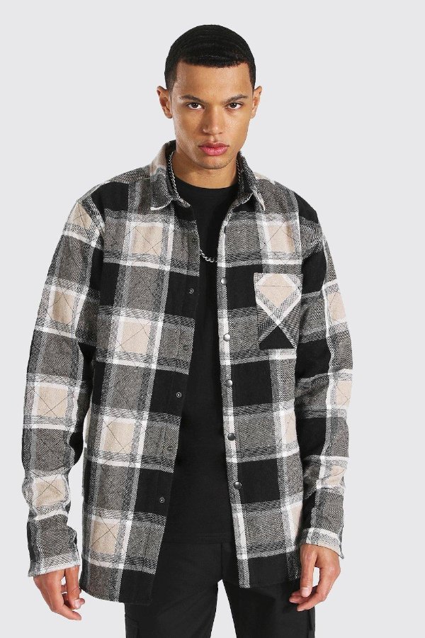 Tall Large Check Quilted Overshirt | boohooMAN