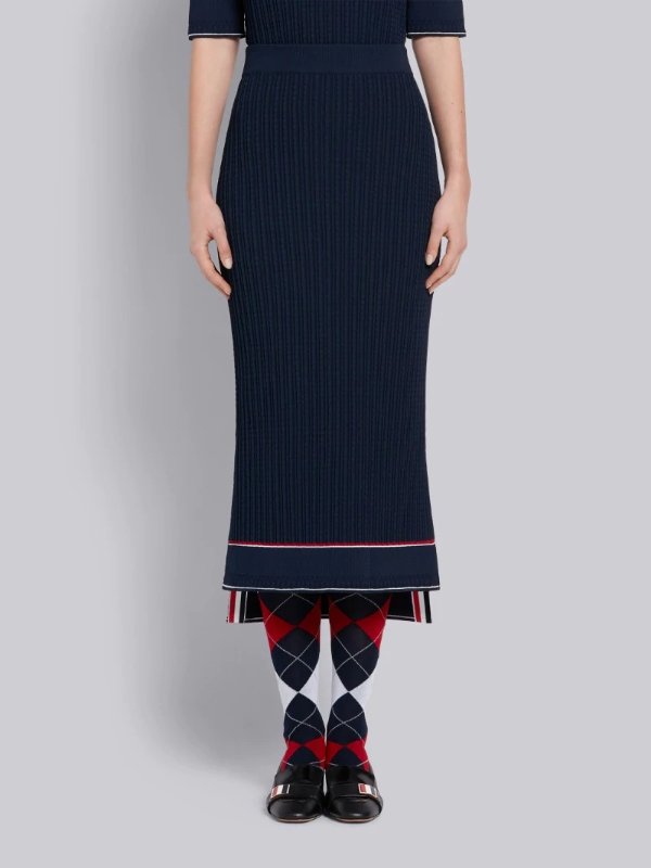 On sale- Navy Viscose Elite Baby Cable Below the Knee Slip Skirt | Shop Thom Browne official sale