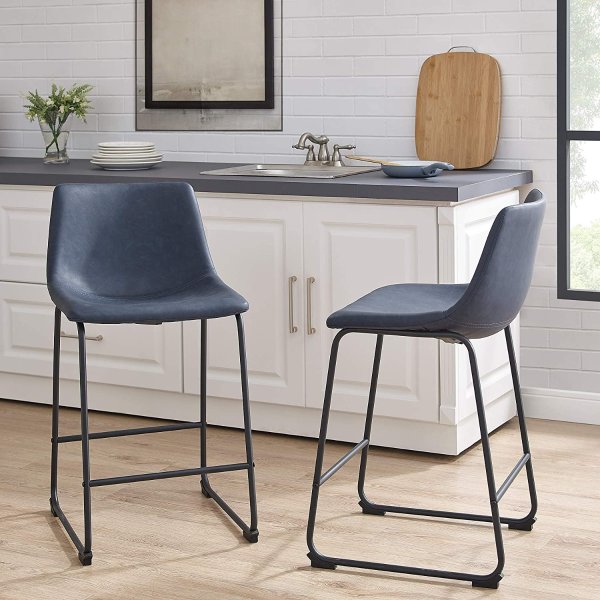 Douglas Urban Industrial Faux Leather Armless Counter Chairs, Set of 2, Navy Blue