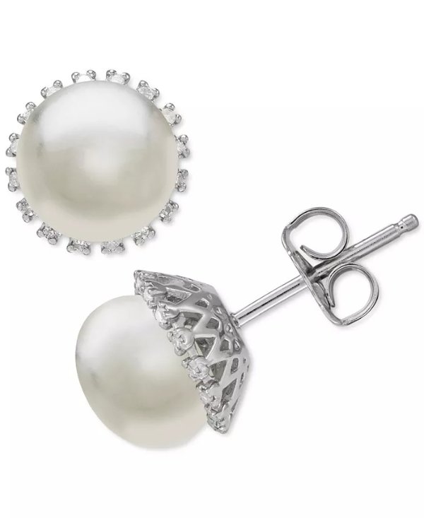 Cultured Freshwater Pearl (8mm) & Diamond (1/10 ct. t.w.) Stud Earrings in Sterling Silver