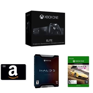 Roll over image to zoom in      Xbox One 1TB Elite Console Bundle + Amazon.com $50 Gift Card (Physical Card) + Halo 5 Limited Edition + Forza Horizon 2 (Digital Code)
