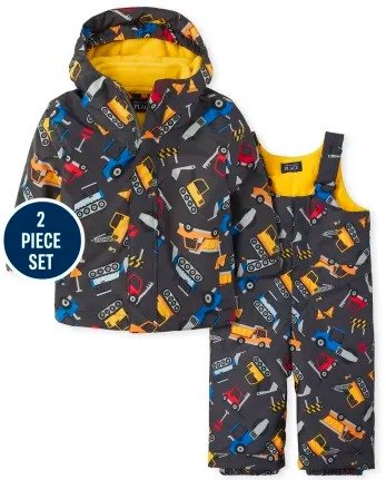 Toddler Boys Long Sleeve Dino Print 3 In 1 Jacket And Sleeveless Solid Snow Overalls 2-Piece Snow Set | The Children's Place - CHRCOALSKY
