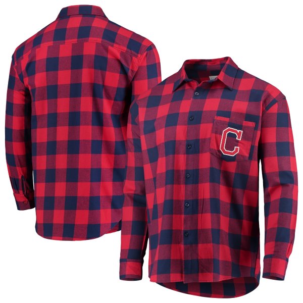 Men's Cleveland Indians Red/Navy Large Check Flannel Button-Up Long Sleeve Shirt