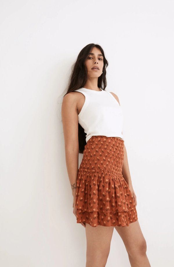 Wild Calendula Block Print Smocked Tiered Miniskirt