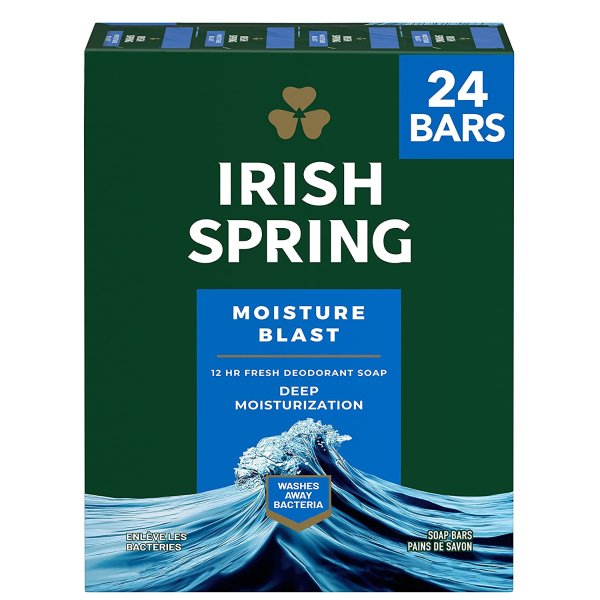 Irish Spring Bar Soap for Men, Moisture Blast, Men's Bar Soap, 3.7 Oz, 24 Pack