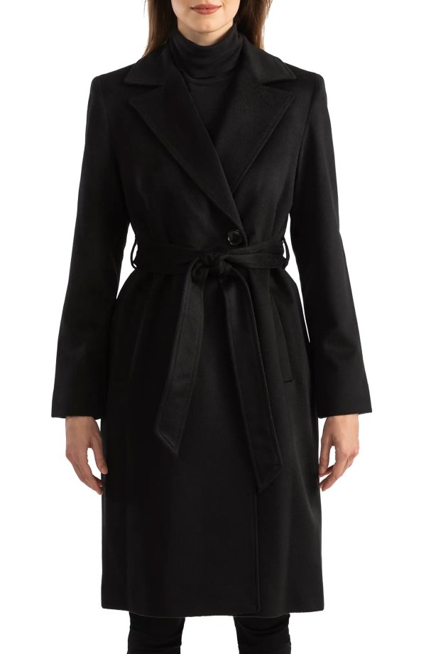Belted Notch Collar Wool & Cashmere Blend Coat