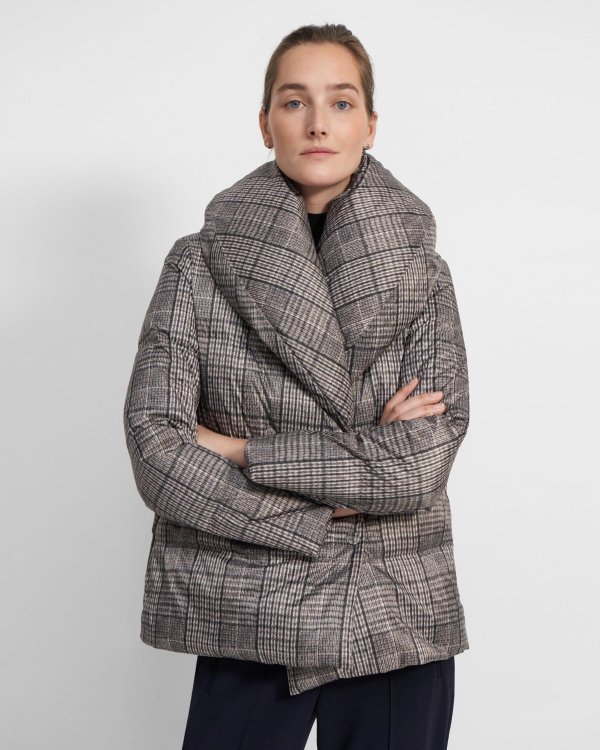 Shawl Puffer Down Jacket in Recycled Plaid