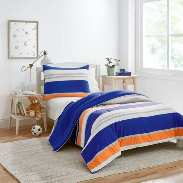 Gap Home Kids Mixed Stripe T-Shirt Soft Jersey Organic Cotton Blend Comforter Set, Twin, Blue/Orange, 2-Pieces