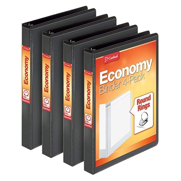 Cardinal Economy 1" Round-Ring Presentation View Binder, 3-Ring Binders, Holds 225 Sheets, Nonstick Poly Material, PVC Free, Black, 4-Pack (79512)