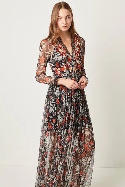 Flori Embroidered Neck Floral Maxi Dress